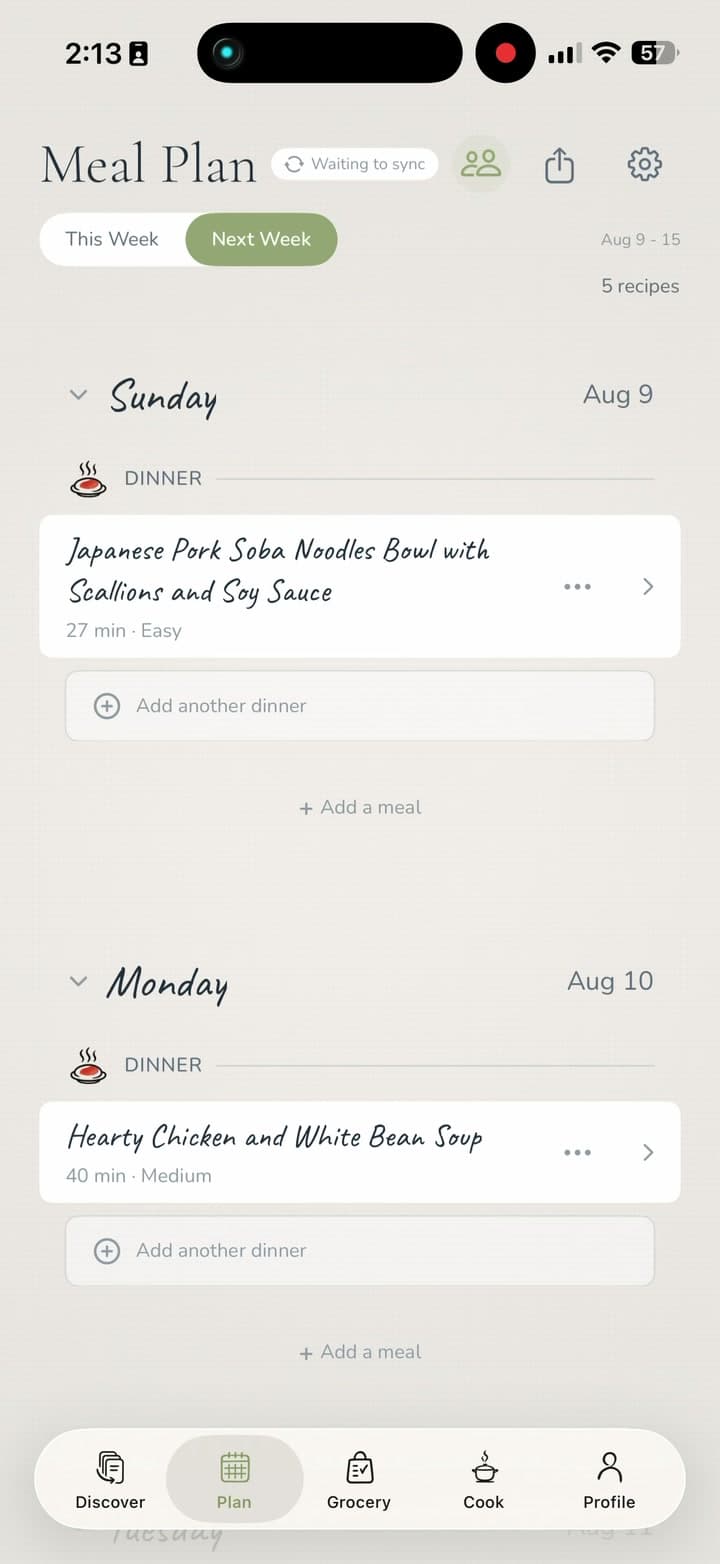 A weekly meal plan in the Mise app